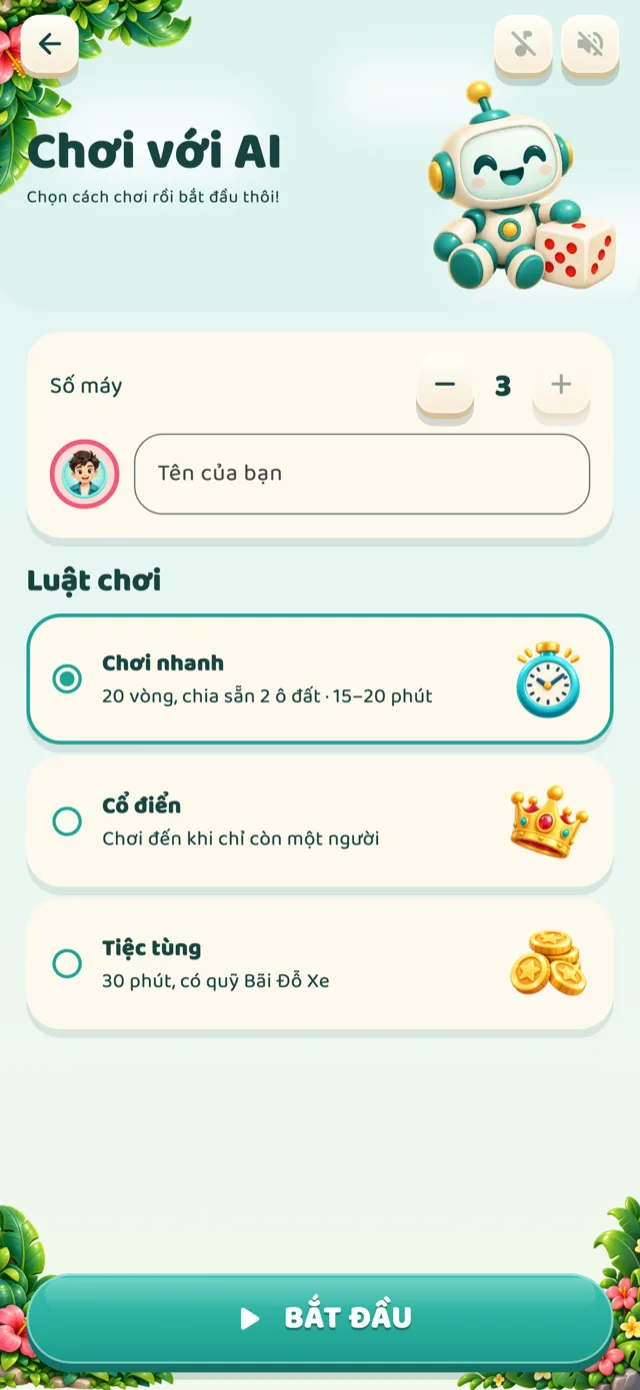Màn thiết lập ván chơi với AI
